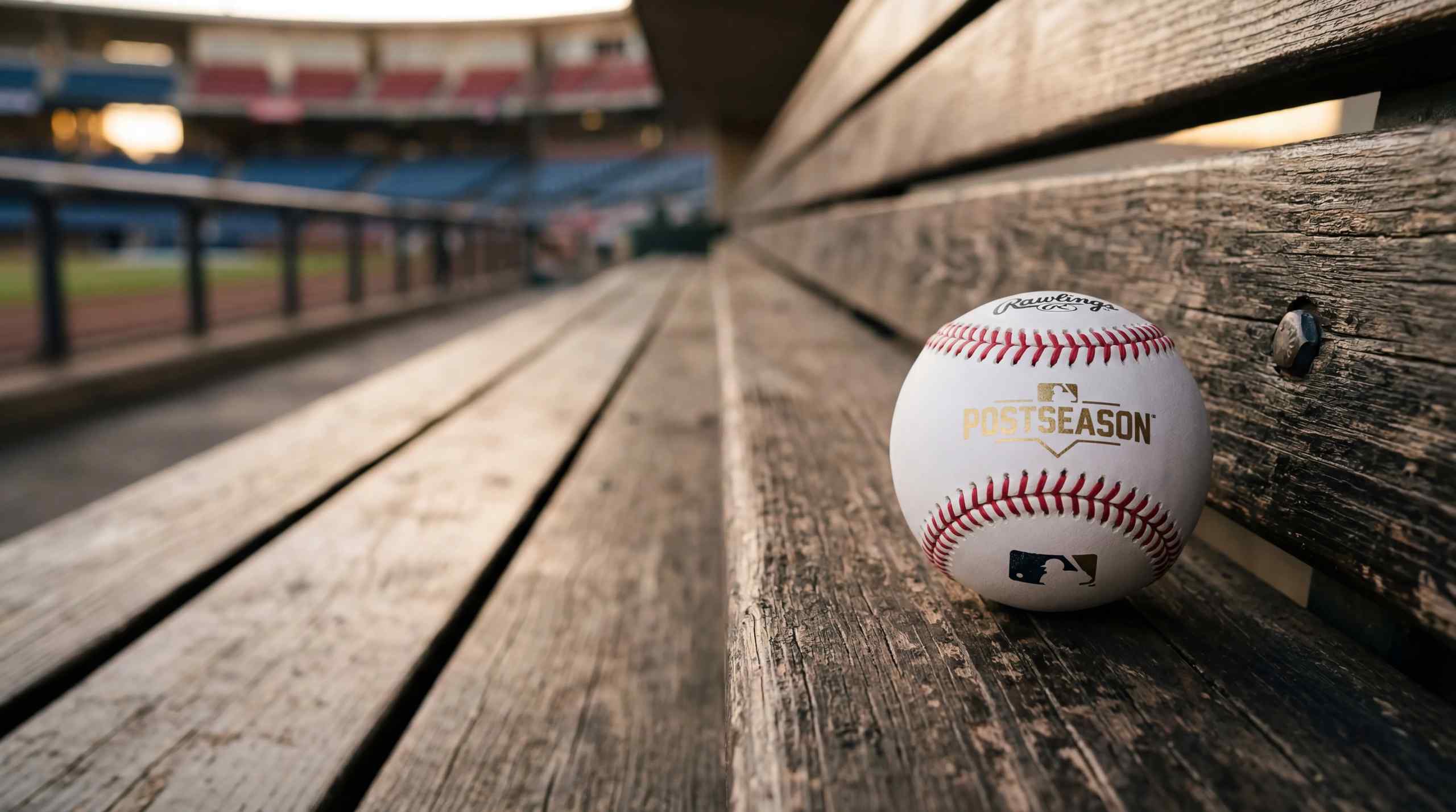 A baseball sitting on a bench.